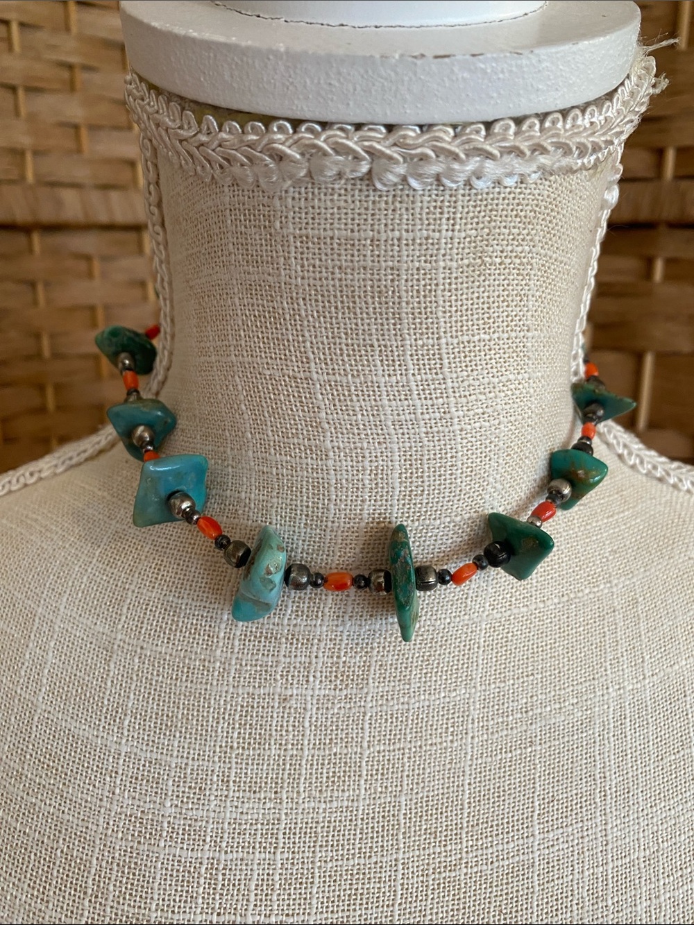 Sterling silver turquoise red coral choker necklace!